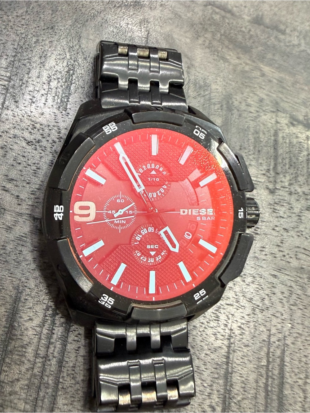 Diesel Red Dial Black Bracelet Chronograph Watch/Battery not included.